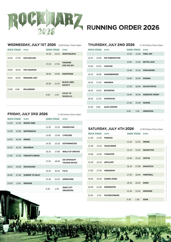 Offizielle Running Order des Rockharz 2026 mit Spielzeiten für alle vier Festivaltage